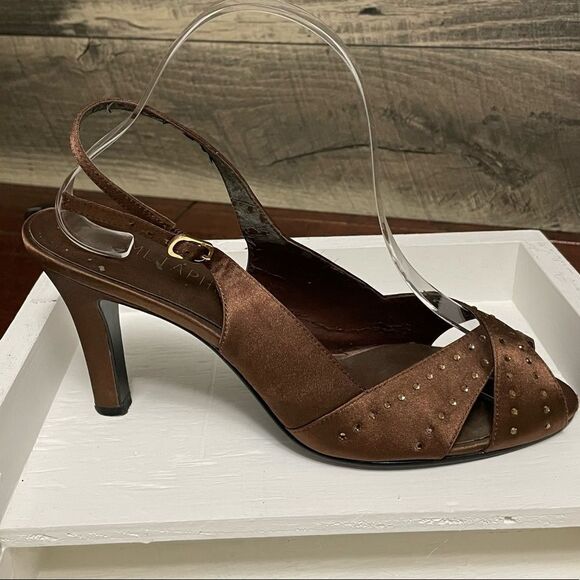 Metaphor Brown Peep Toe 3.5” Heel With Rhinestones and Buckle Ankle Strap Size 9 - Picture 4 of 15